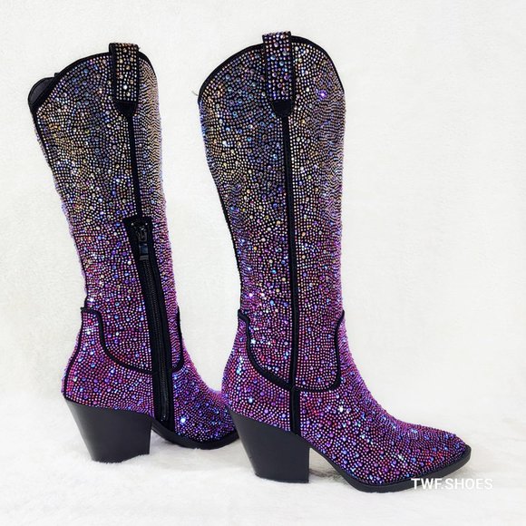 Western Glow Multi Purple Ombre Rhinestone Disco Cowgirl Knee Boots - Picture 6 of 17